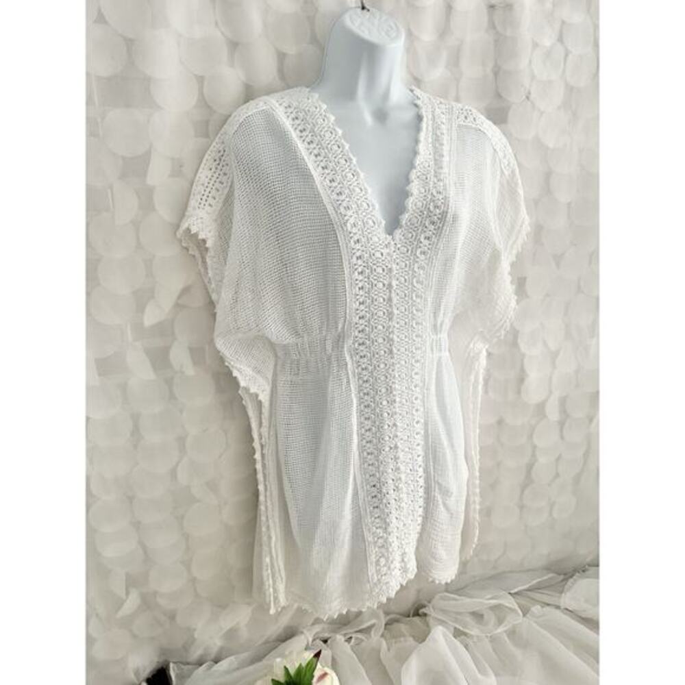 SEASPICE White Crochet Dress Large 100% Peruvian Cotton Boho Short Festival